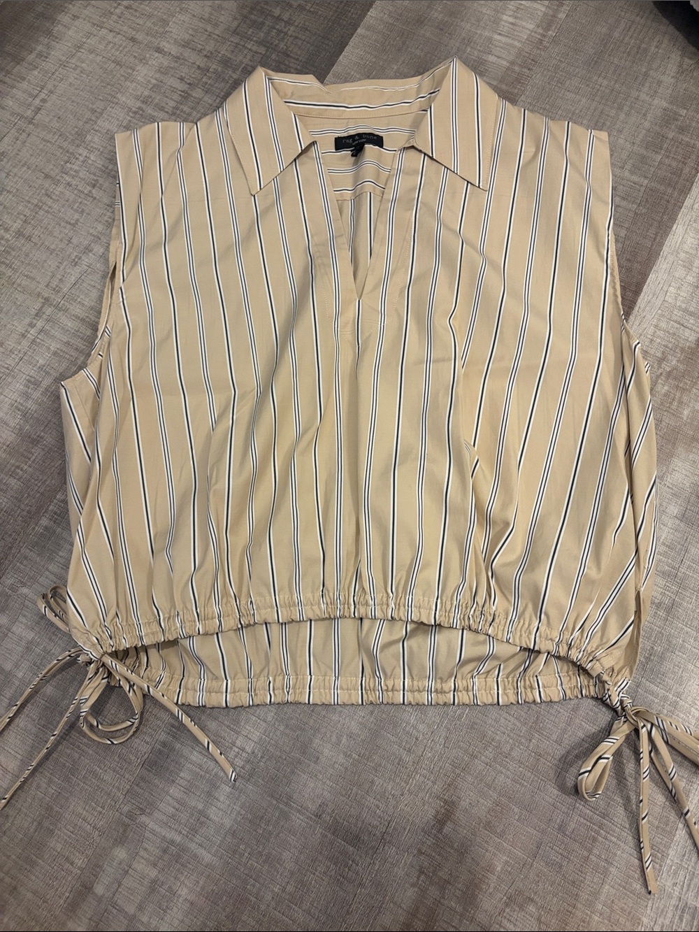 rag & bone Beige Striped Sleeveless Drawstring Hem Top